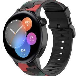 Silicone Camo Strap, red, on a watch, 3/4 front view