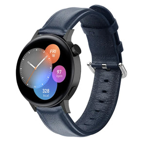 Leather Strap, dark blue, on a watch, 3/4 front view