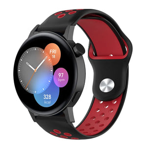 Silicone Sport Strap, black/red, on a watch, 3/4 front view