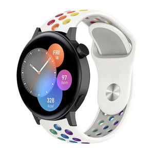 Silicone Sport Strap, white/colourful, on a watch, 3/4 front view