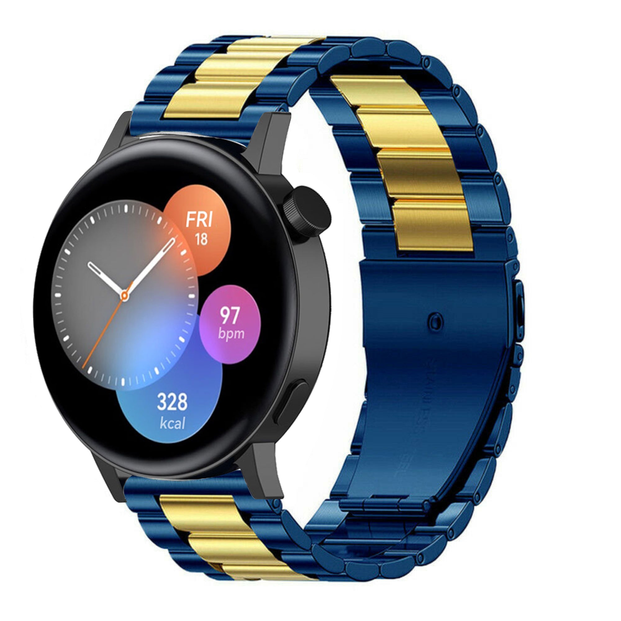 Steel Strap, blue/gold, on a watch, 3/4 front view