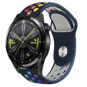Silicone Sport Strap, dark blue/colourful, on a watch, 3/4 front view