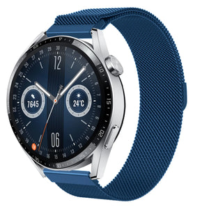 Milanese Strap, blue, on a watch, 3/4 front view