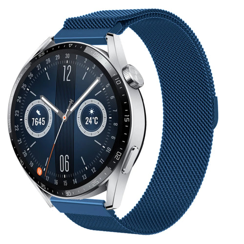 Milanese Strap, blue, on a watch, 3/4 front view