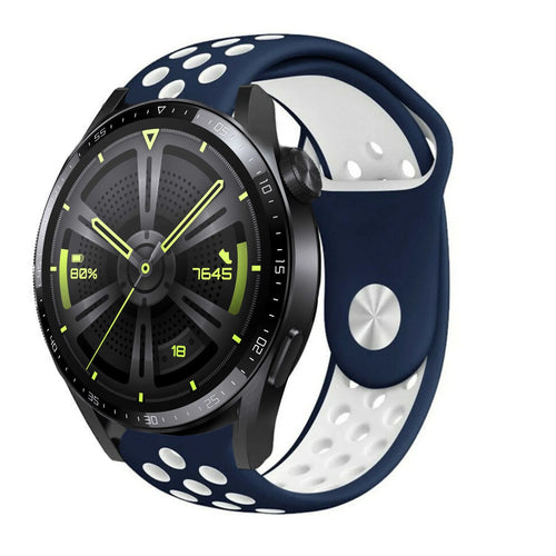 Silicone Sport Strap, blue/white, on a watch, 3/4 front view