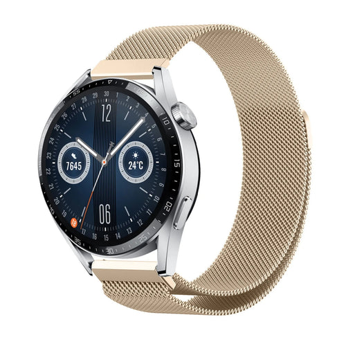 Milanese Strap, champagne, on a watch, 3/4 front view