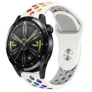 Silicone Sport Strap, white/colourful, on a watch, 3/4 front view