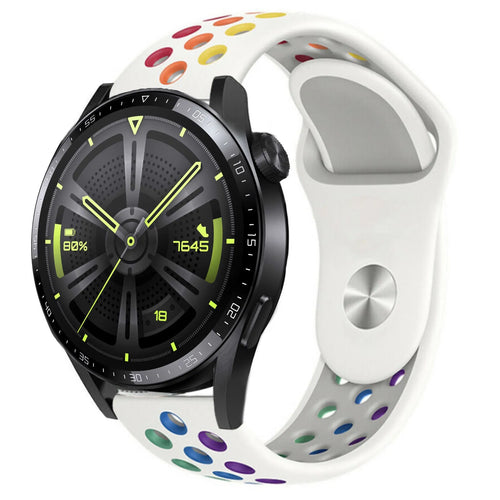 Silicone Sport Strap, white/colourful, on a watch, 3/4 front view