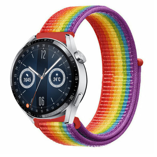 Nylon Strap, rainbow, on a watch, 3/4 front view
