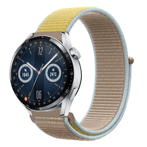 Nylon Strap, camel, on a watch, 3/4 front view