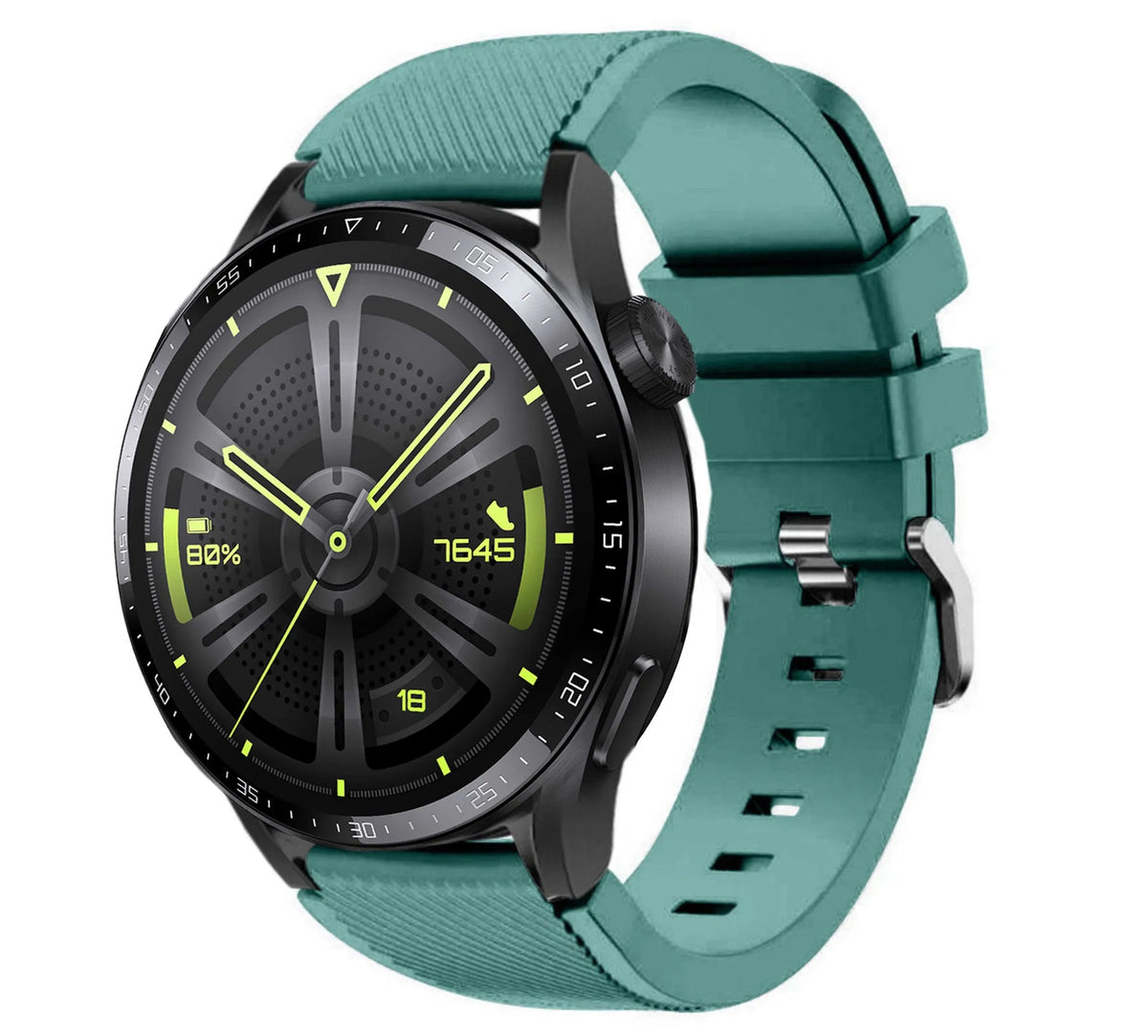 Twill Silicone Strap, viridian, on a watch, 3/4 front view