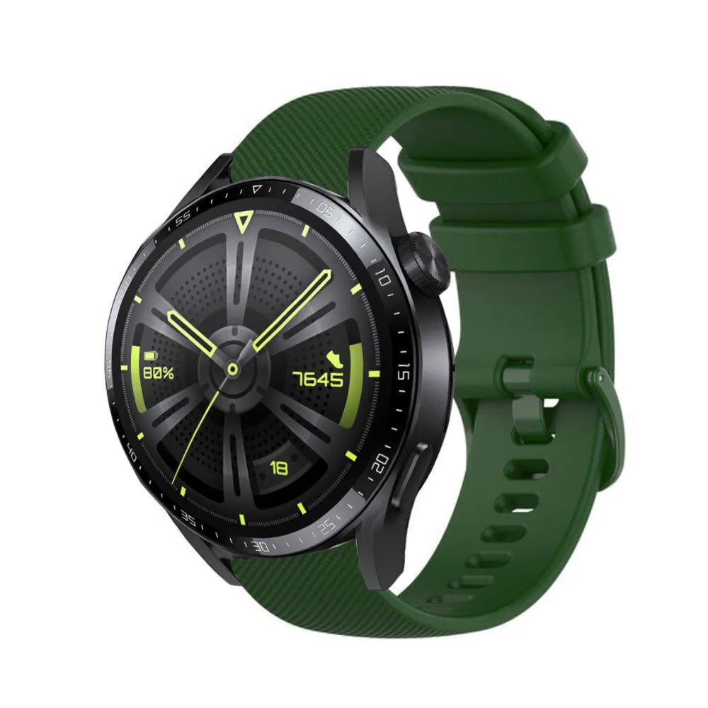 Premium Silicone Strap, army green, on a watch, 3/4 front view