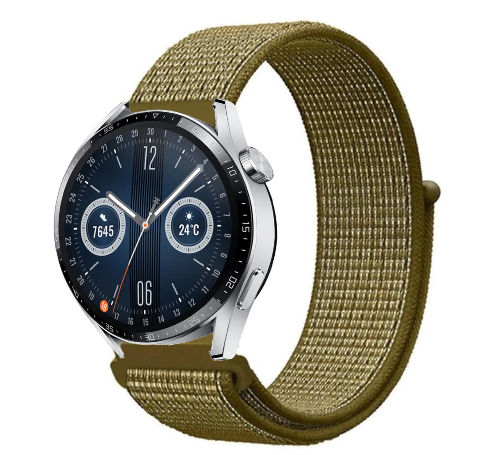 Nylon Strap, olive, on a watch, 3/4 front view