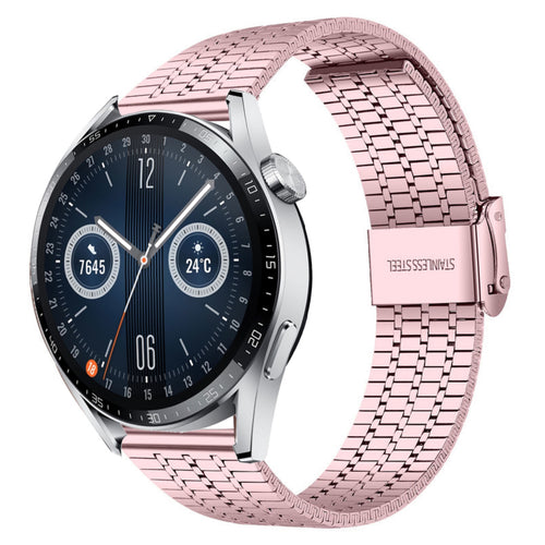 Fine Steel Strap, pink, on a watch, 3/4 front view