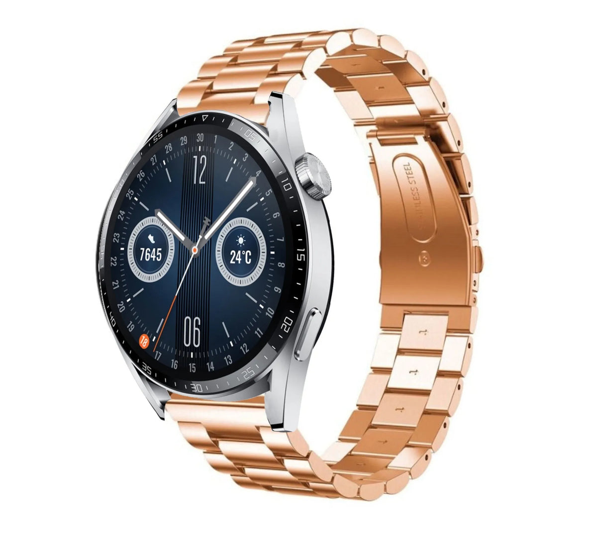 Steel Strap, rose gold, on a watch, 3/4 front view