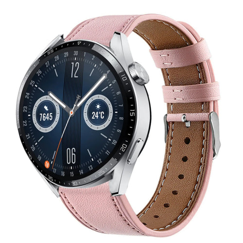 Modern Leather Strap, pink, on a watch, 3/4 front view