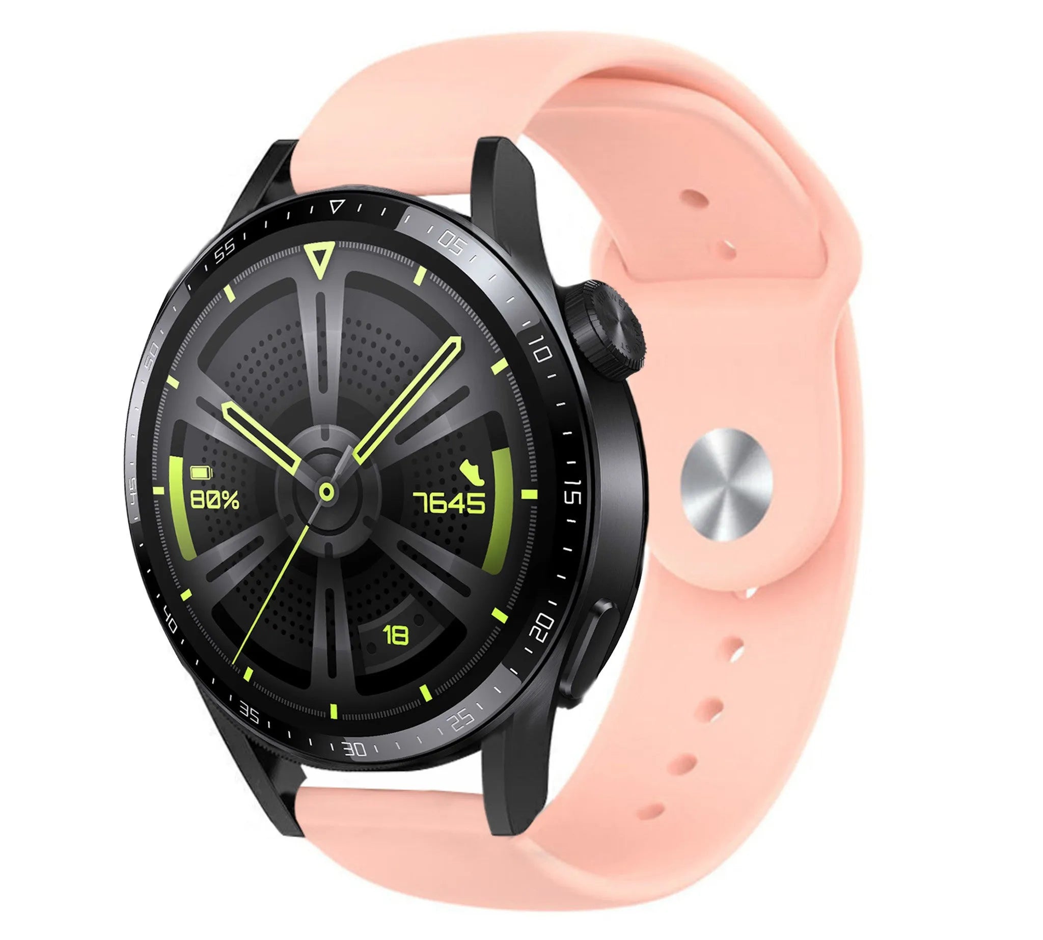 Silicone Sport Strap, pink, on a watch, 3/4 front view
