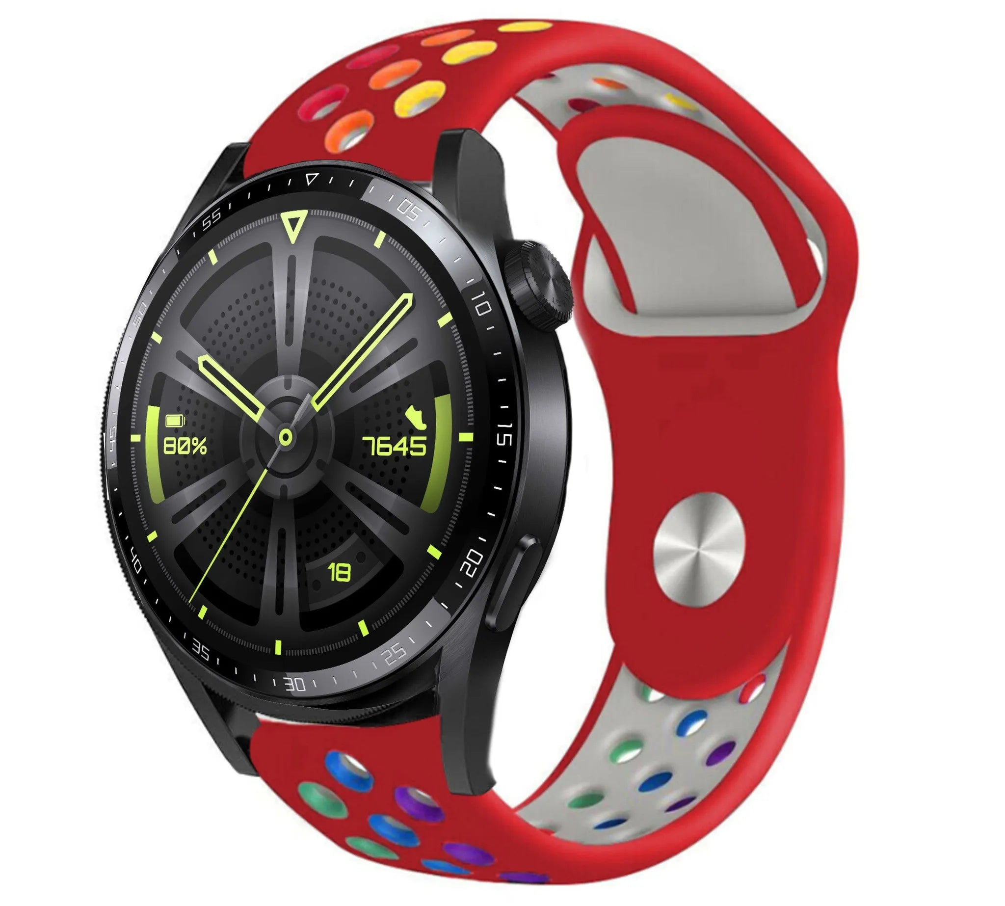 Silicone Sport Strap, red/colourful, on a watch, 3/4 front view