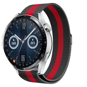 Milanese Strap, black/red, on a watch, 3/4 front view