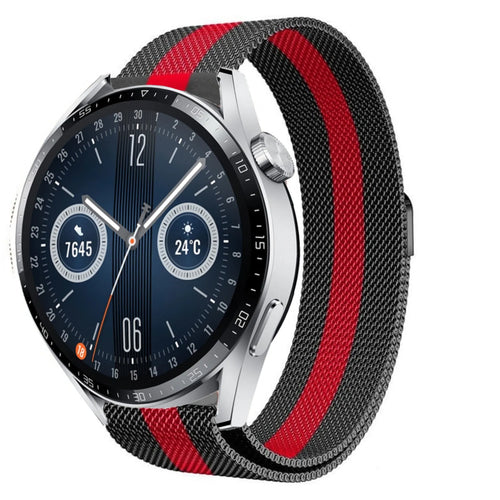 Milanese Strap, black/red, on a watch, 3/4 front view