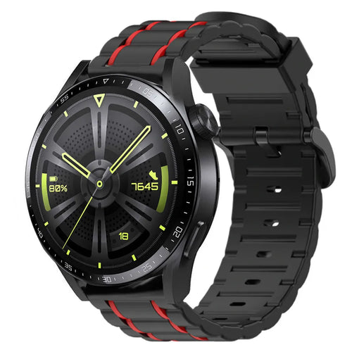 Silicone Sport Strap with Buckle, black/red, on a watch, 3/4 front view