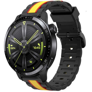 Silicone Special Edition Strap, black/yellow, on a watch, 3/4 front view