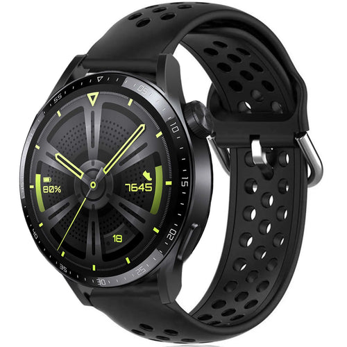 Breathable Silicone Strap, black, on a watch, 3/4 front view
