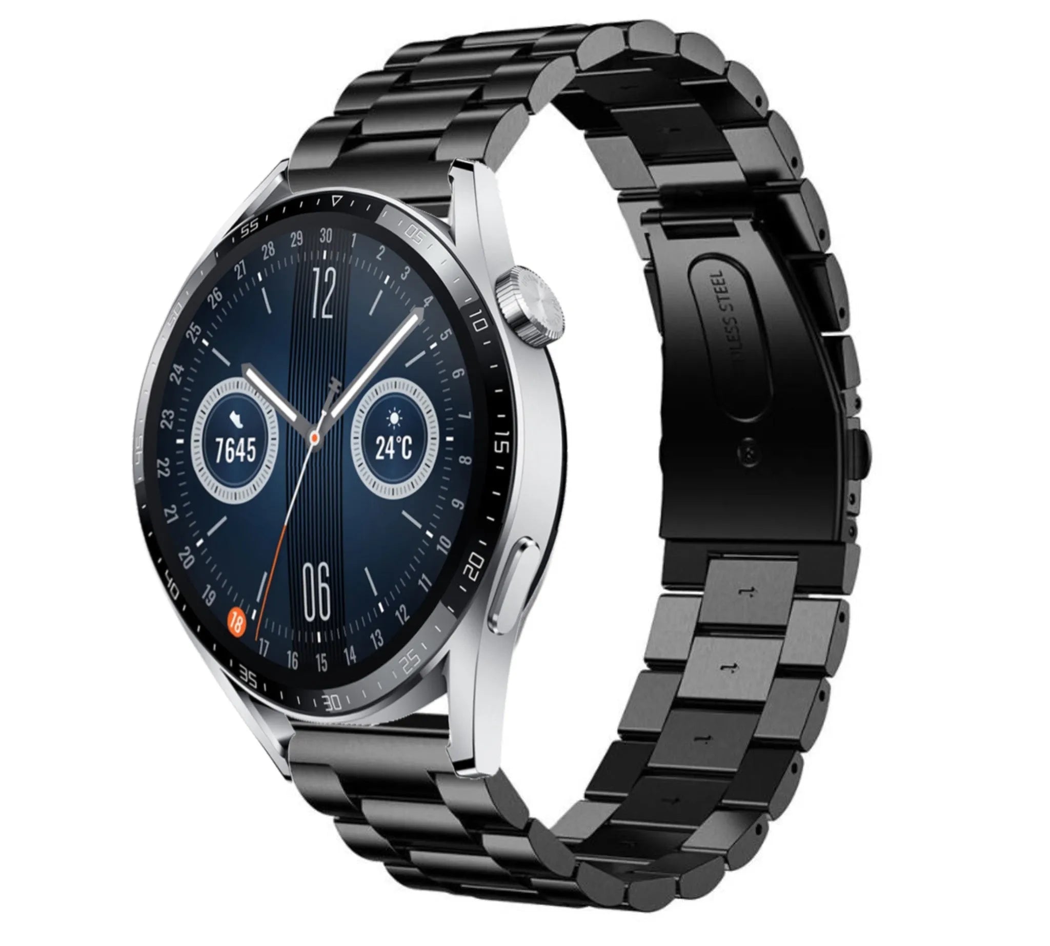 Steel Strap, black, on a watch, 3/4 front view