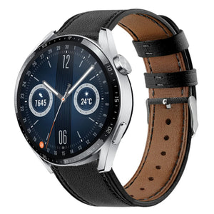 Modern Leather Strap, black, on a watch, 3/4 front view
