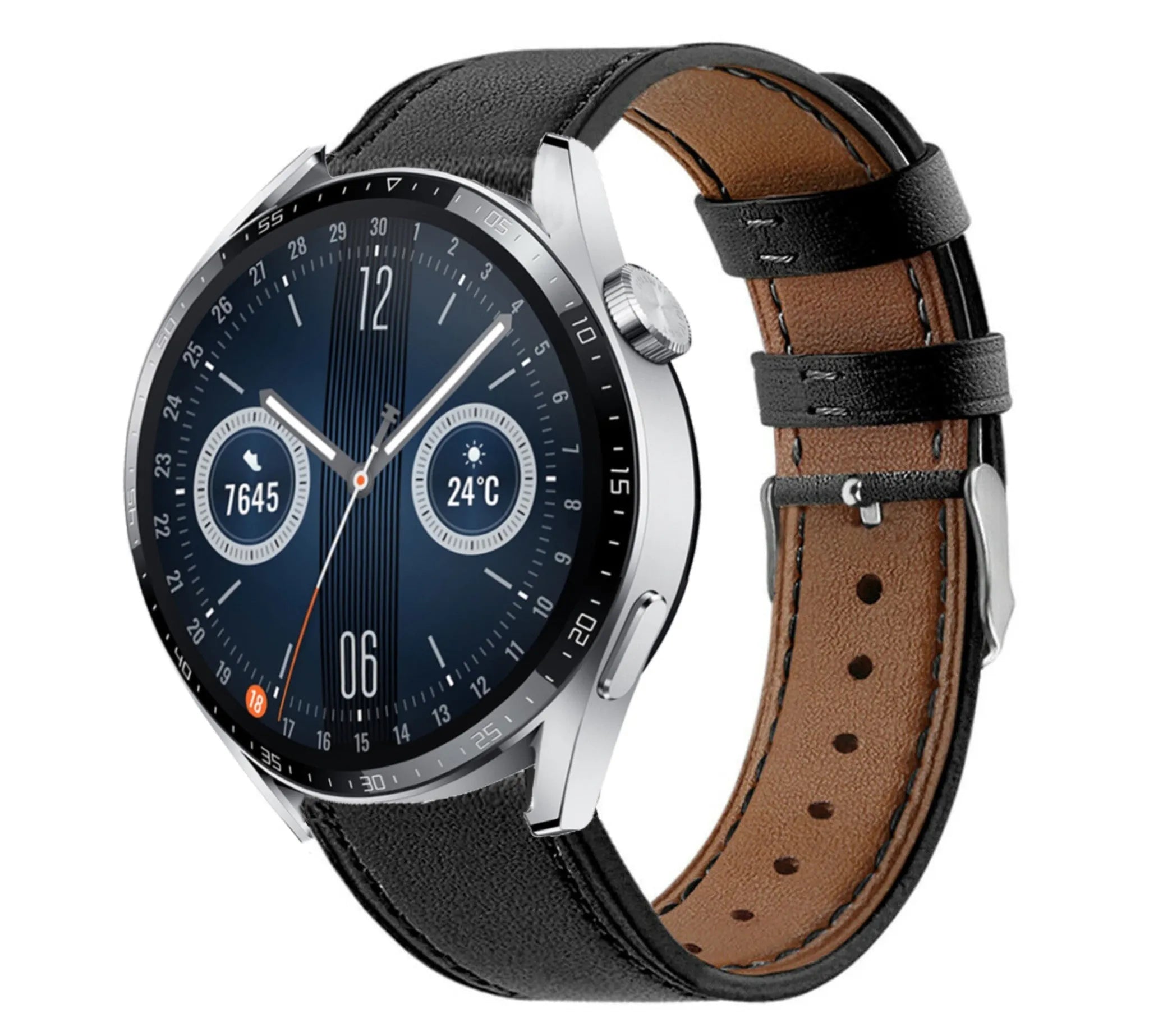 Modern Leather Strap, black, on a watch, 3/4 front view