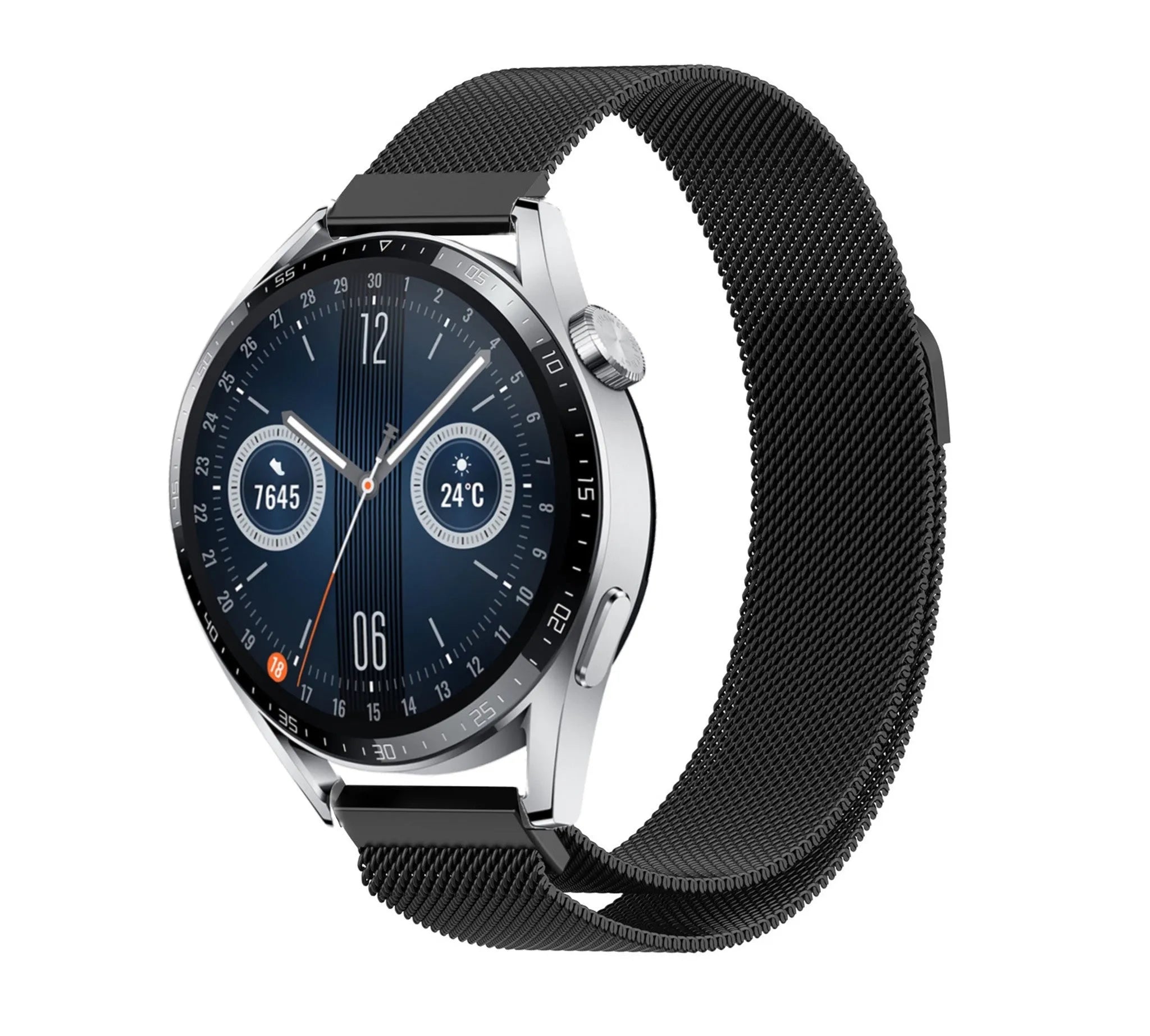 Milanese Strap, black, on a watch, 3/4 front view