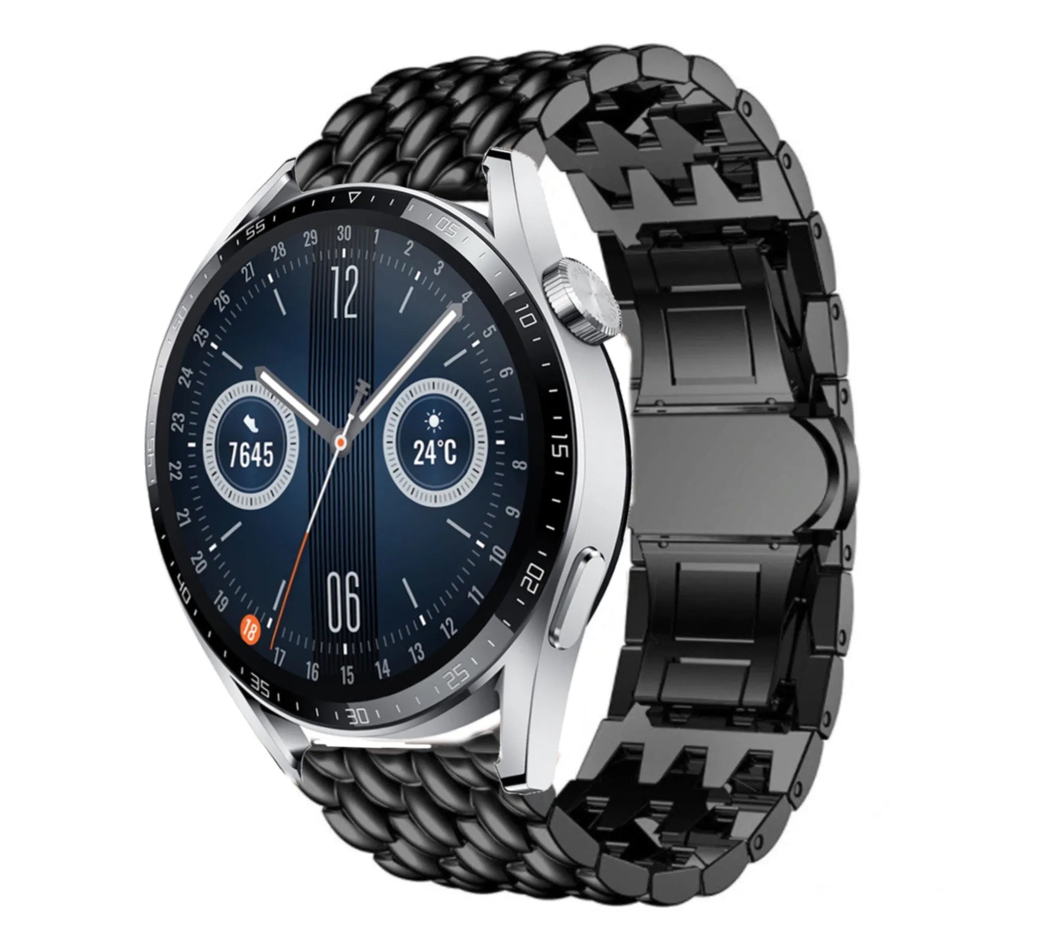Steel Dragon Strap, black, on a watch, 3/4 front view