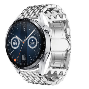Steel Dragon Strap, silver, on a watch, 3/4 front view