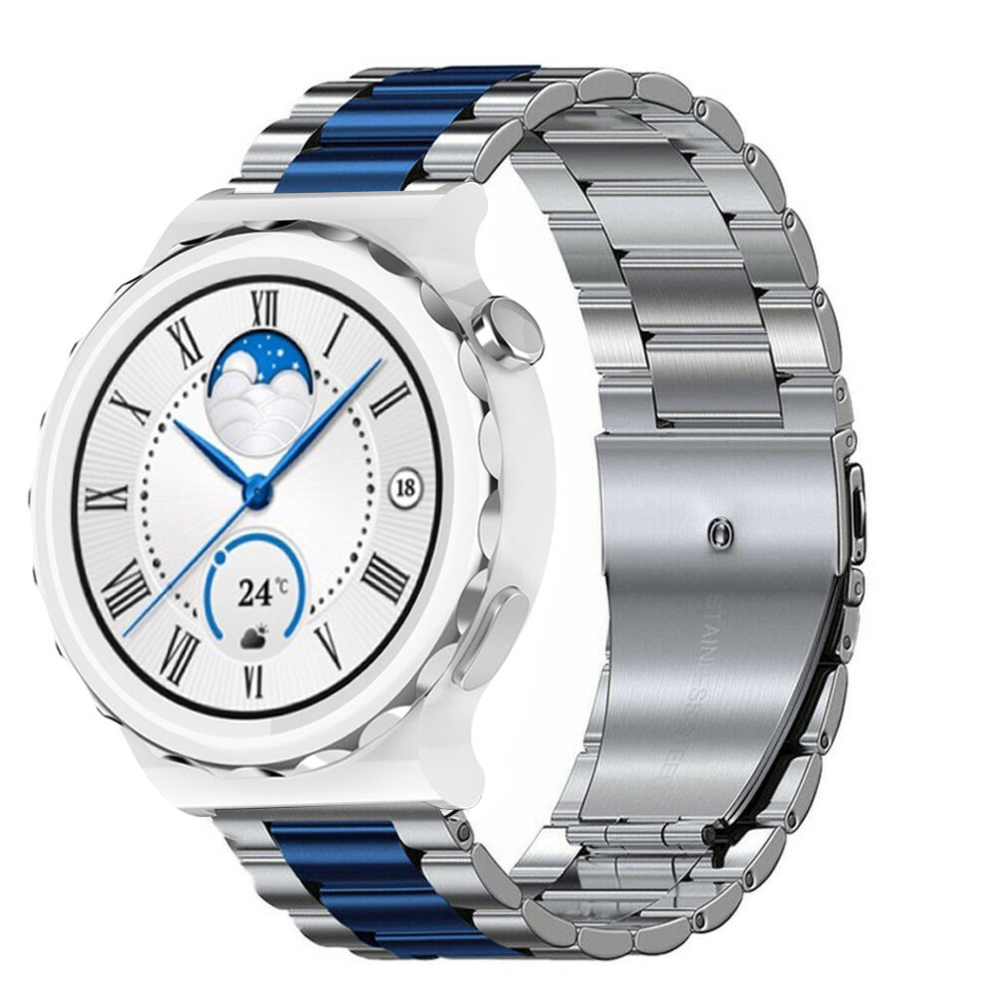Steel Strap, silver/blue, on a watch, 3/4 front view