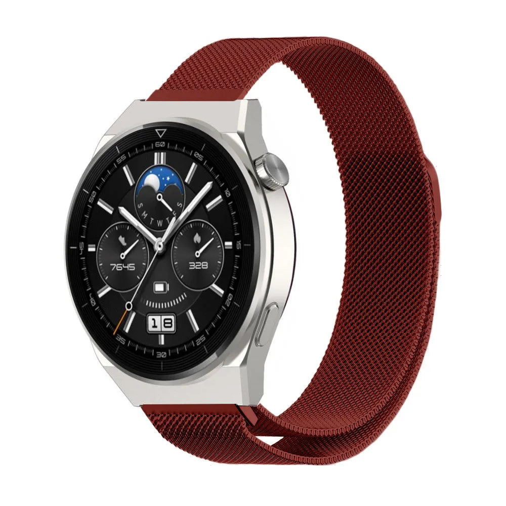 Milanese Strap, red, on a watch, 3/4 front view