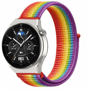 Nylon Strap, rainbow, on a watch, 3/4 front view