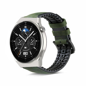 Leather Hybrid Strap, black/green, on a watch, 3/4 front view
