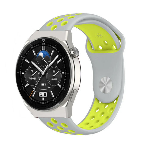 Silicone Sport Strap, grey/yellow, on a watch, 3/4 front view