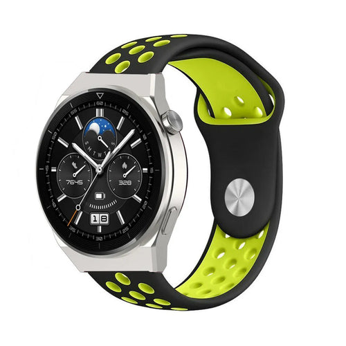 Silicone Sport Strap, black/yellow, on a watch, 3/4 front view