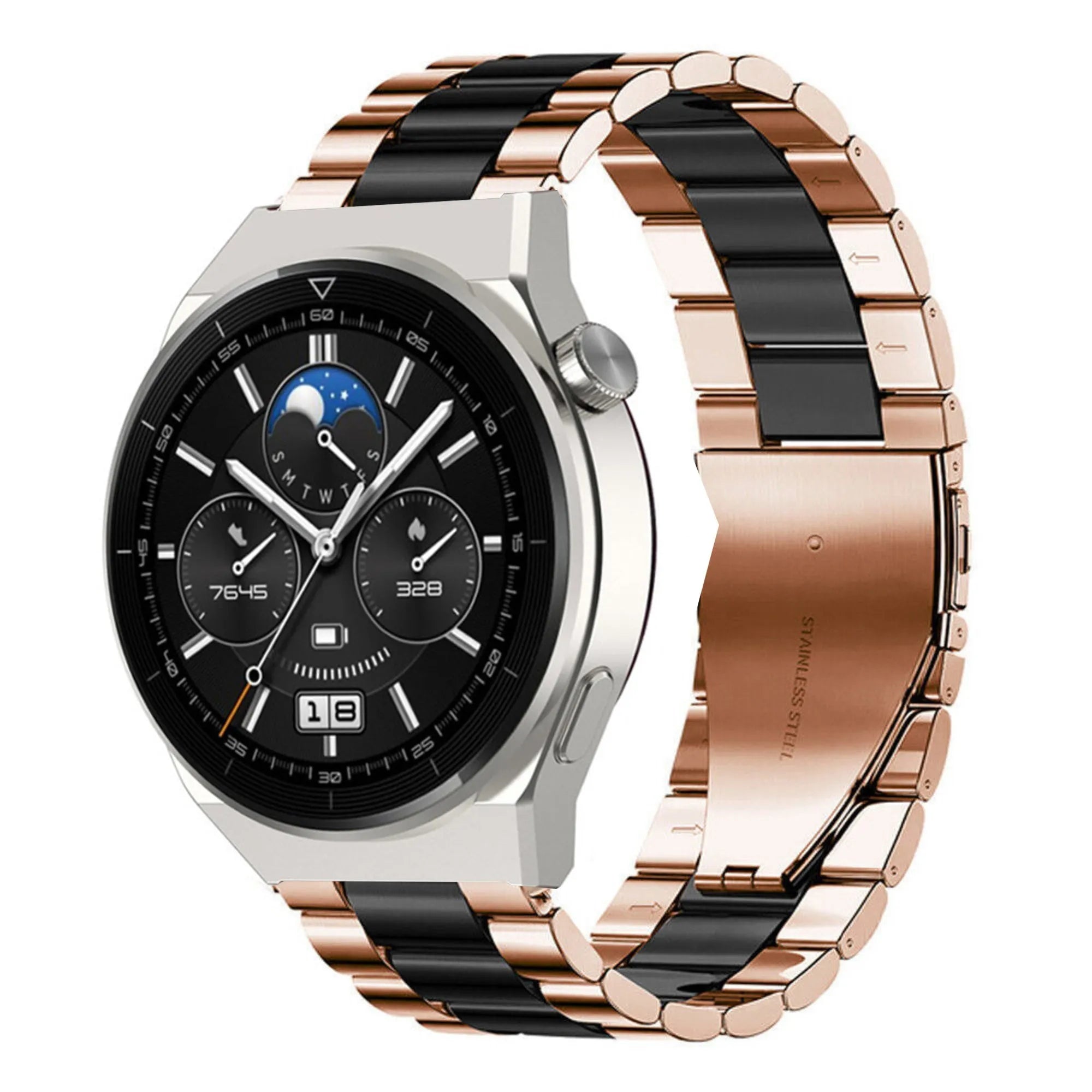 Steel Strap, rose gold/black, on a watch, 3/4 front view