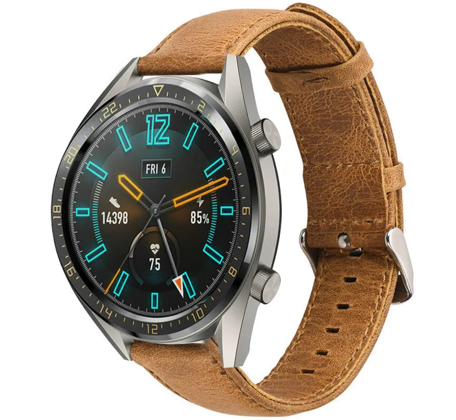 Leather Strap, brown, on a watch, 3/4 front view