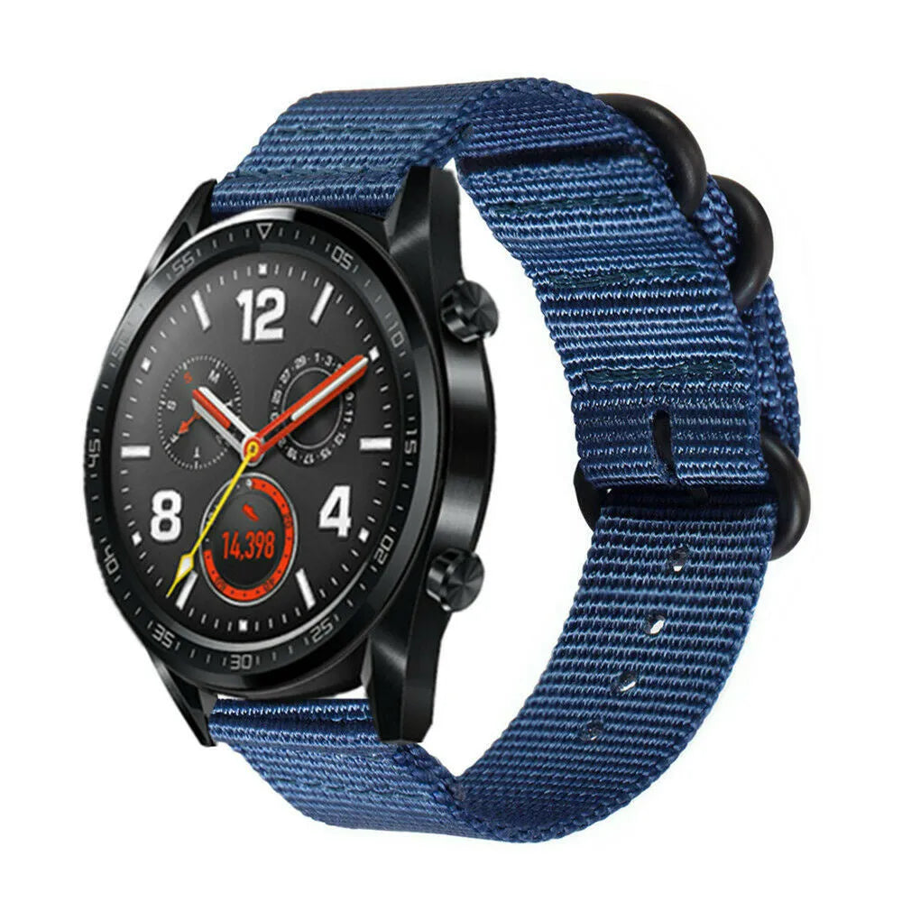 Nylon Buckle Strap, blue, on a watch, 3/4 front view