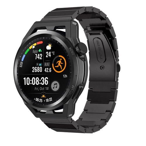 Premium Metal Strap, black, on a watch, 3/4 front view