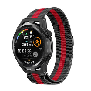 Milanese Strap, black/red, on a watch, 3/4 front view