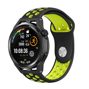 Silicone Sport Strap, black/yellow, on a watch, 3/4 front view