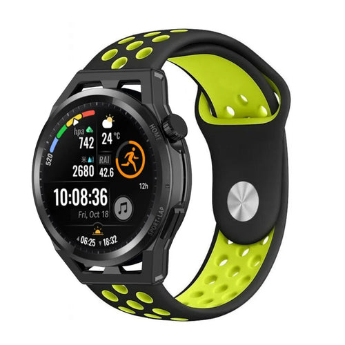 Silicone Sport Strap, black/yellow, on a watch, 3/4 front view