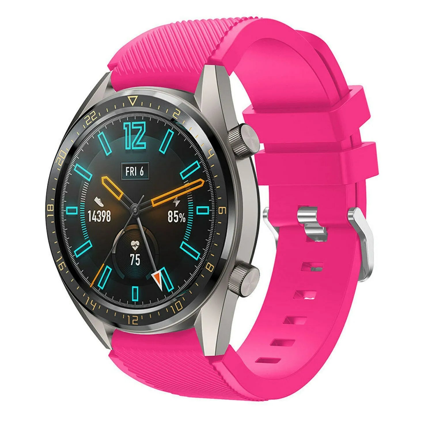 Twill Silicone Strap, bright pink, on a watch, 3/4 front view