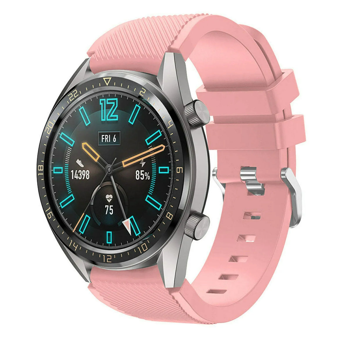 Twill Silicone Strap, pink, on a watch, 3/4 front view