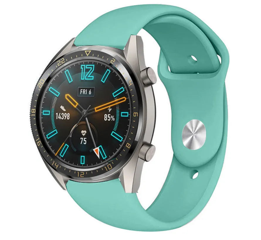 Silicone Sport Strap, aqua, on a watch, 3/4 front view