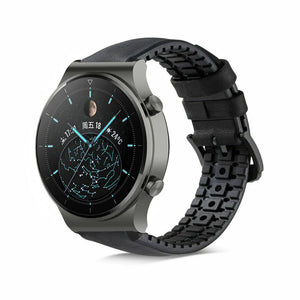 Leather Hybrid Strap, black, on a watch, 3/4 front view